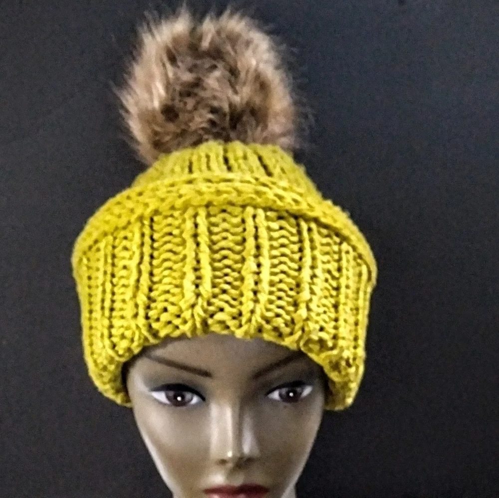 Versatile, Authentic Hand Knitted Beanies Accented With Faux Fur PomPom.